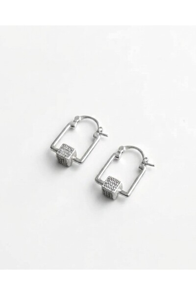 Siya Silver Special Series Zircon Stone Cube Detailed Rectangular Steel Earri...