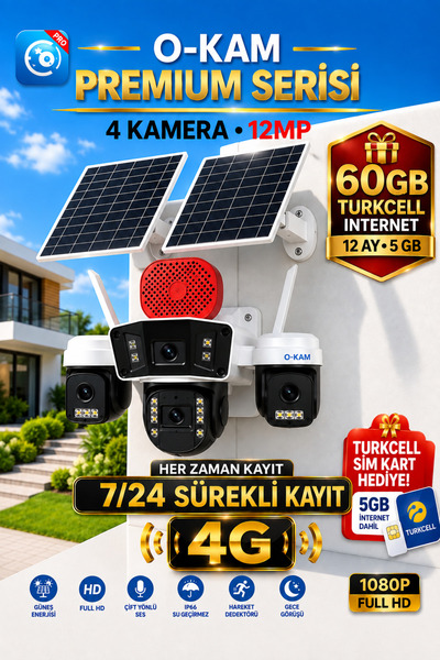 O-KAM OK335 Turkcell 5GB 12MP 4 Lens 4G 3 Solar Panel AOV Gece Görüş Sesli Ko...