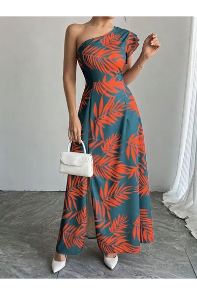 Modayakamoz Women's One-Shoulder Open Slit Long Patterned Dress