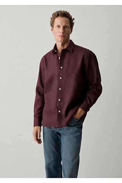 Mavi Bordo Keten Gömlek Loose Fit / Bol Rahat Kesim 0212117-70223
