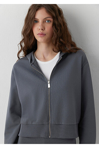 Mavi Kapüşonlu Fermuarlı Gri Sweatshirt 1S10565-82453