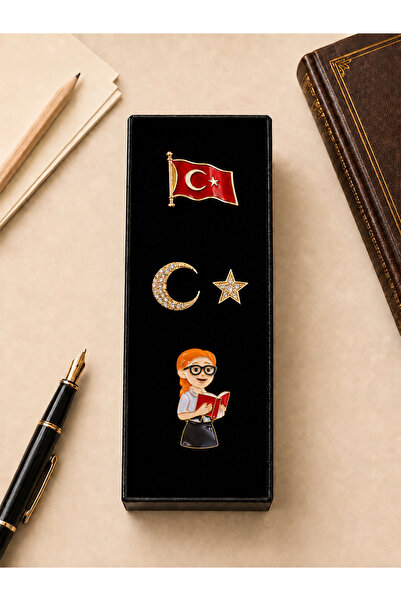 PULİNİN DÜKKANI Öğretmen Temalı Broş Seti – Kitaplı Kadın, Ay Yıldız ve Bayra...