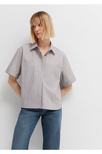Mavi Cep Detaylı Çizgili Gri Gömlek Loose Fit / Bol Rahat Kesim 1211535-88068