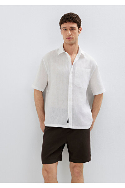 Mavi Kısa Kollu Beyaz Keten Gömlek Loose Fit / Bol Rahat Kesim 0211966-620