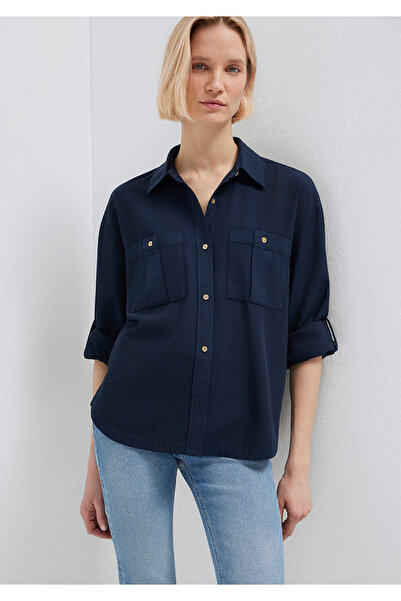 Mavi Düğme Detaylı Lacivert Gömlek Loose Fit / Bol Rahat Kesim 1211383-70492