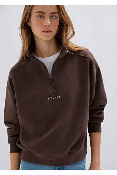 Mavi MVJNS Nakışlı Yarı Fermuarlı Kahverengi Sweatshirt 1S10533-71603