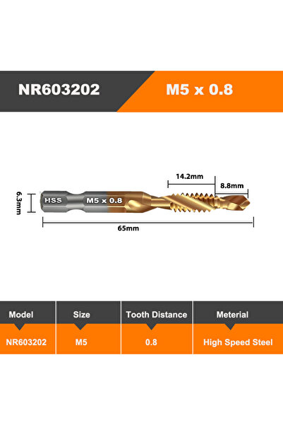 Choice1 NR603202 M5 AMR Hex Shank Titanium Plated HSS Screw Thread Metric Tap...