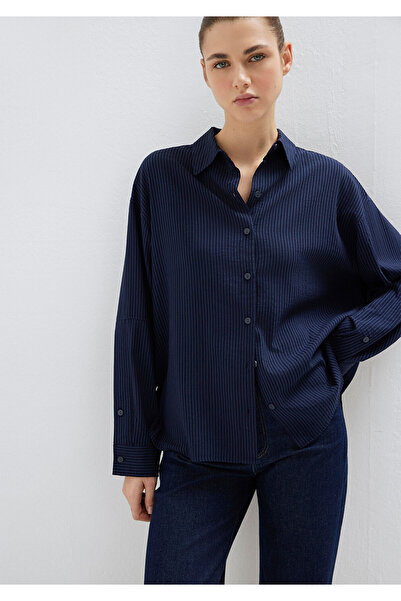 Mavi Çizgili Lacivert Gömlek Oversize / Geniş Kesim 1210878-83699