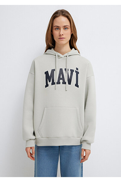 Mavi Logo Baskılı Kapüşonlu Gri Sweatshirt 1600361-34322