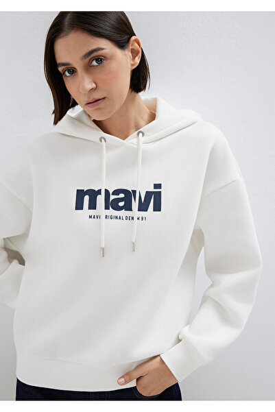 Mavi Logo Baskılı Kapüşonlu Ekru Sweatshirt 168334-81964