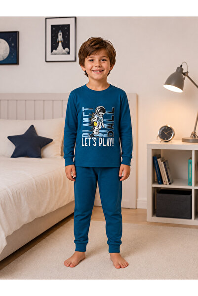 elmas kids Boy's 100% Cotton Navy Blue Astronaut Patterned Long Sleeve Winter...