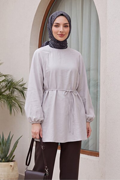 Modamorfo Round Neck, Tie-Waist, Balloon Sleeve Tunic - Stone