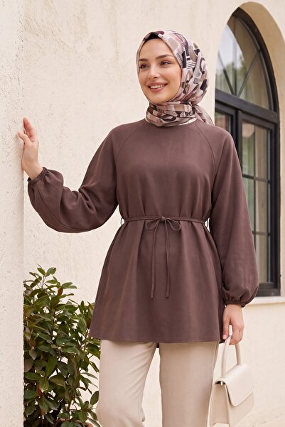 Modamorfo Round Neck Tie-Waist Balloon Sleeve Tunic - Light Brown