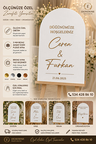 EKOSEHOME Kişiye Özel Beyaz Ahşap & Gold Pleksi Düğün & Nişan Karşılama Panos...