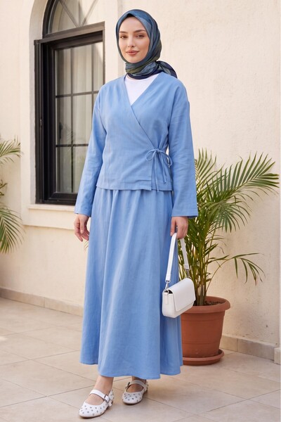 Modamorfo Linen Look Suit with Side Tie Skirt - Light Blue