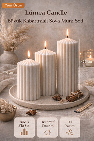 Lúmea Candle Kabartmalı Soya Mum Seti – Dekoratif 3’lü Ribbed Tasarım Beyaz Mum