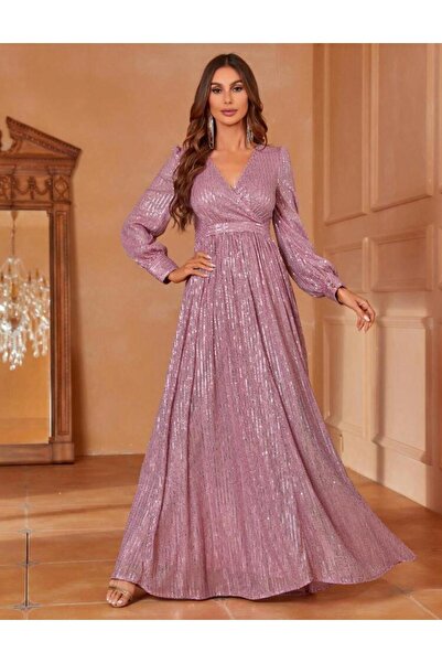 Styling Park Pul Payet V Yaka Uzun Kol Maxi Abiye Elbise