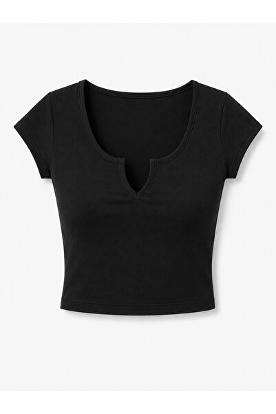 olleo studio Kadın Siyah V Yaka Likralı Ribana Kısa Kol Crop Body
