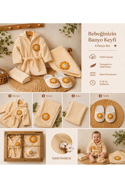 Movamirbaby Organik Pamuklu Bebek Bornoz Seti 5 Parça Kapüşonlu Yenidoğan Ban...
