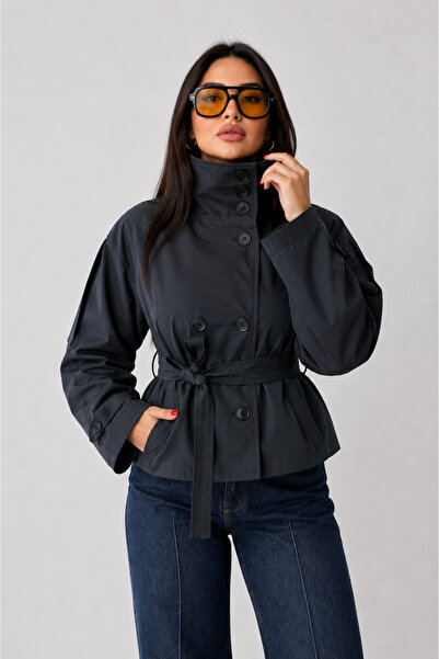 İLKCET MODA Belted Stand Collar Black Oversize Women's Short Trench Coat