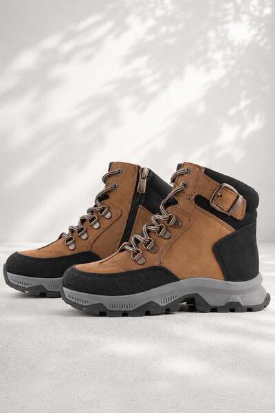 Rakerplus Genuine Leather Brown Black Lace-Up Zippered Trekking Kids Boots
