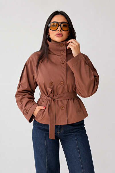 İLKCET MODA Belted Stand Collar Brown Women's Short Trench Coat