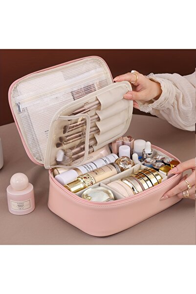 Choice Pink PU Leather Double Layer Makeup Bag Large Capacity Cosmetic Bags L...