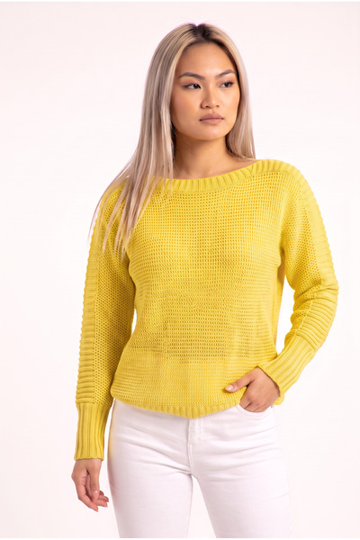 WeShaya Women's Yellow Acrylic Knitwear Sweater, Batwing Sleeve, Boat Neck, L...