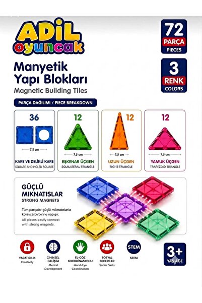ADİL OYUNCAK 72 Parça Manyetik Yapı Blokları | Montessori Eğitici Oyuncak | 3D Mıknatıslı Blok Seti