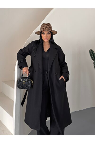 VESS MODA Women's Belted and Buttoned Long Cashmere Coat Black