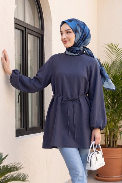 Modamorfo Round Neck, Tie-Waist, Balloon Sleeve Tunic -Parlement