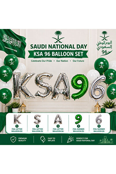 Generic Saudi National Day KSA 96 Foil Balloon Set – Silver & Green Letter an...