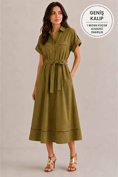 bysoca Women's Khaki Green Poplin Belted Midi Length Bohemian Shirt Dress wit...
