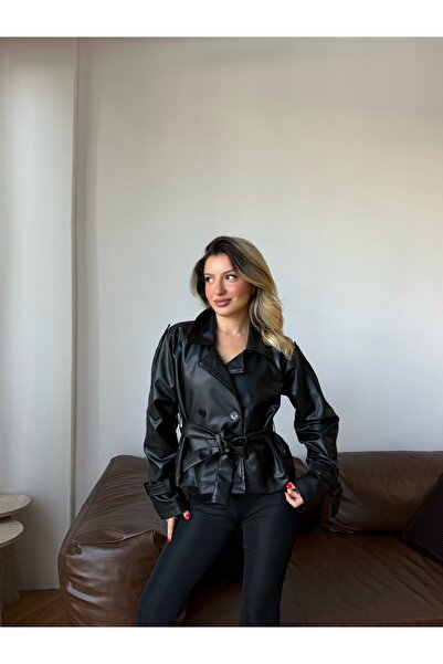 LE CARAMBOLE Women's Black Belt Detailed Faux Leather Jacket