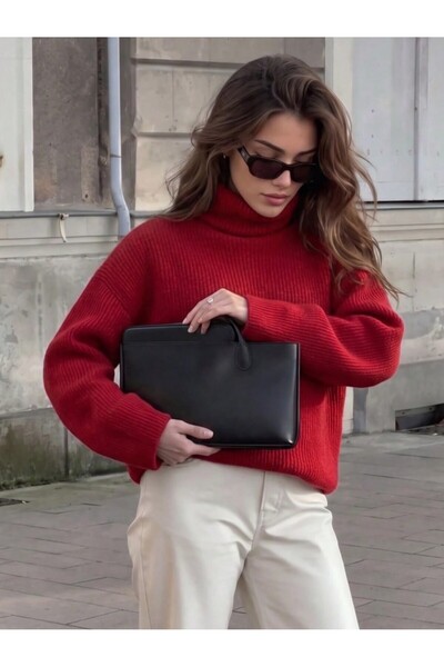 Dier Moda Kadın Kırmızı Boğazlı Geniş Kesim Yumuşak Dokulu Triko Kazak Fmoda5010