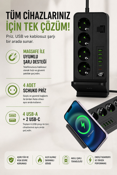 Coverzone Dikey Çoklu Priz 4'lü Schuko 4 USB 2 Type-C 2 Metre Kablolu Anahtar...