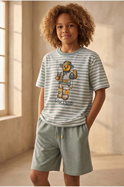 Katia&Bony Erkek Çocuk Sea La Vie Teddy Desenli Şortlu Pijama Takımı Yeşil