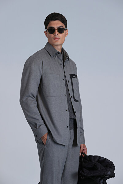 Lufian Cămașă de bază pentru bărbați, slim fit, gri