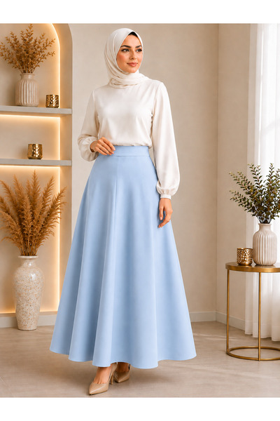 Olse Women's Baby Blue Knitted Scuba Crepe Hijab and Casual Skirt Length: 94-...