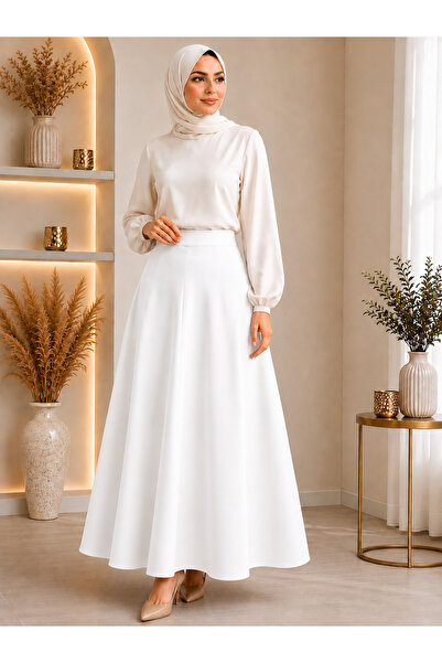 Olse Women's White Knitted Scuba Crepe Hijab and Casual Skirt Length: 94-95cm