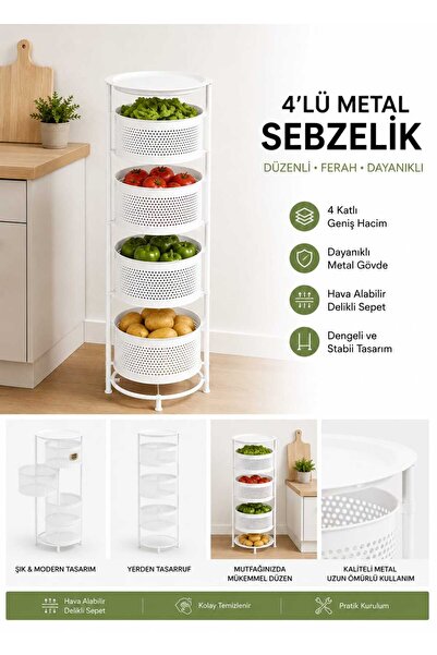 denizhomecollection Metal Sebzelik ve Meyvelik, Yuvarlak Mutfak Rafi, Çok Ama...
