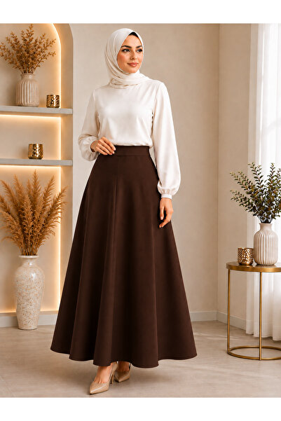 Olse Women's Brown Knitted Scuba Crepe Hijab and Casual Skirt Length: 94-95cm