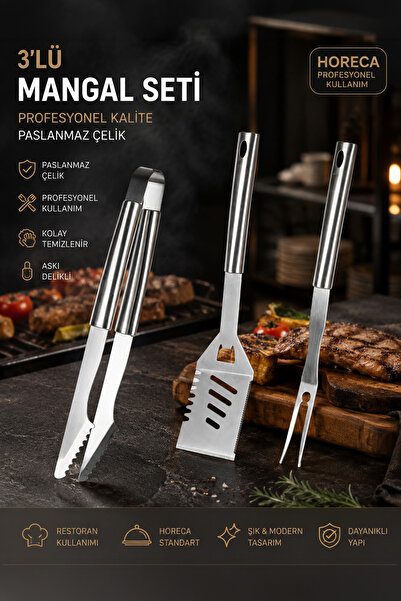 Porsima KJ-1007 3 Parça Paslanmaz Çelik Maşa-Spatula-Çatal Barbekü Seti
