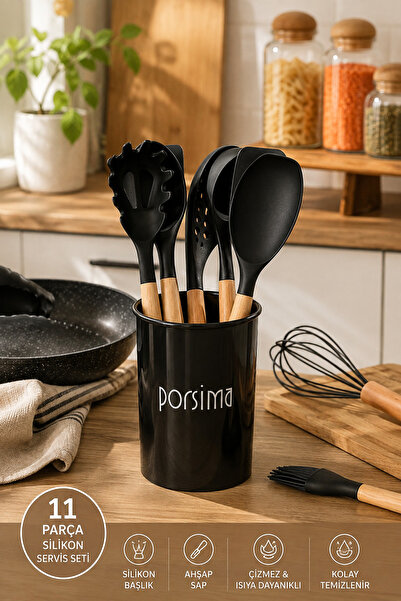 Porsima 3165 Bamboo Wooden Handle Silicone 11 Piece Serving Set Black