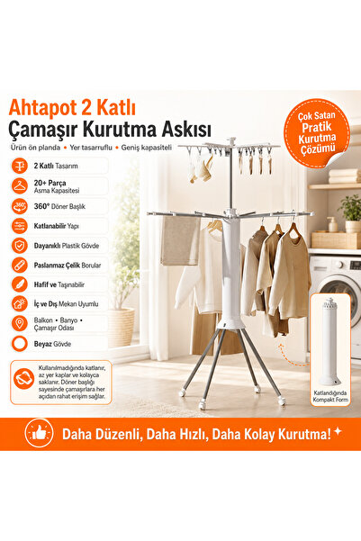 Rulopak Ahtapot 2 Katlı Çamaşır Kurutma Askısı – Katlanabilir, Yer Tasarruflu...