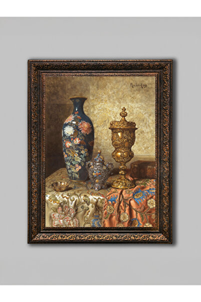 WoodyArts Eski Vazolar ve Örtü - Kahverengi Vintage Çerçeveli Dekoratif Salon...