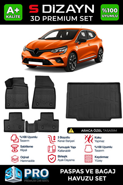 S Dizayn S-Dizayn Renault Clio 5 3D Pro Havuzlu Paspas ve Bagaj Havuzu Seti (...