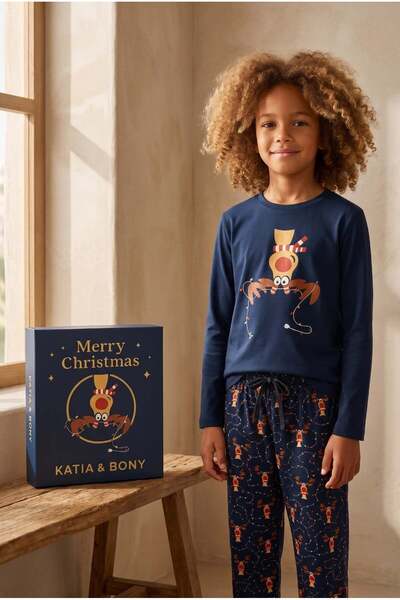 Katia&Bony Children's Deer Patterned Boxed New Year's Pajama Set Navy Blue