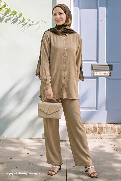 InStyle Set dublu cu sclipici guler cămașă - Camel
