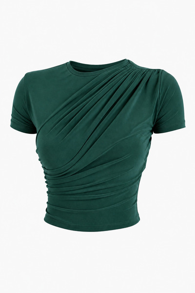 Modamorfo Cross Gathered Short Sleeve Sandy Blouse -Emerald